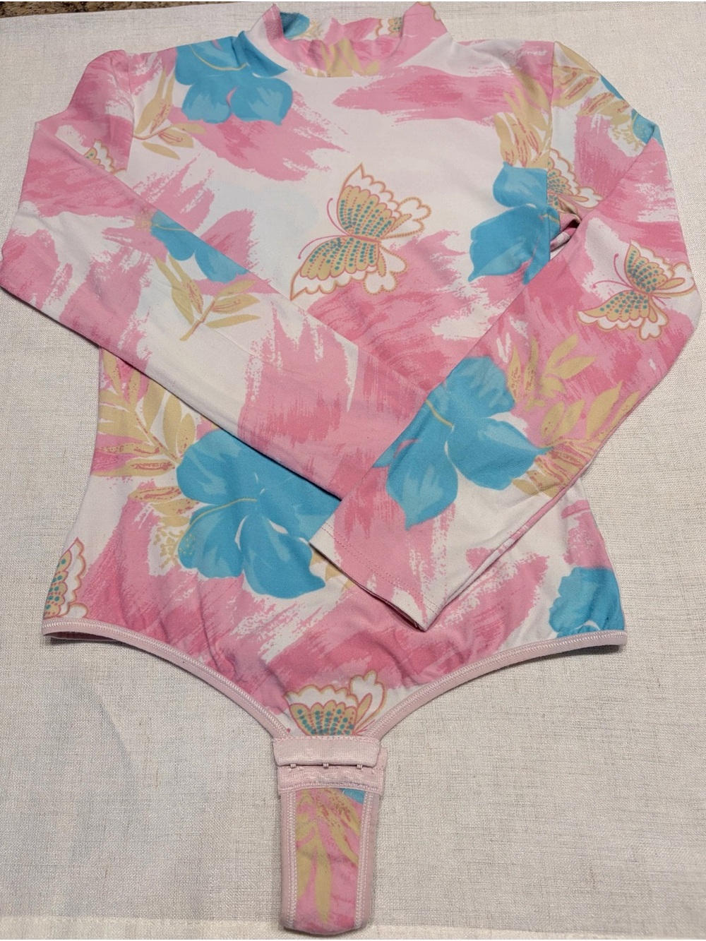 Long-sleeve,mock turtleneck,thong bodysuit.Vibrant flowers,butterfly pattern.SzS